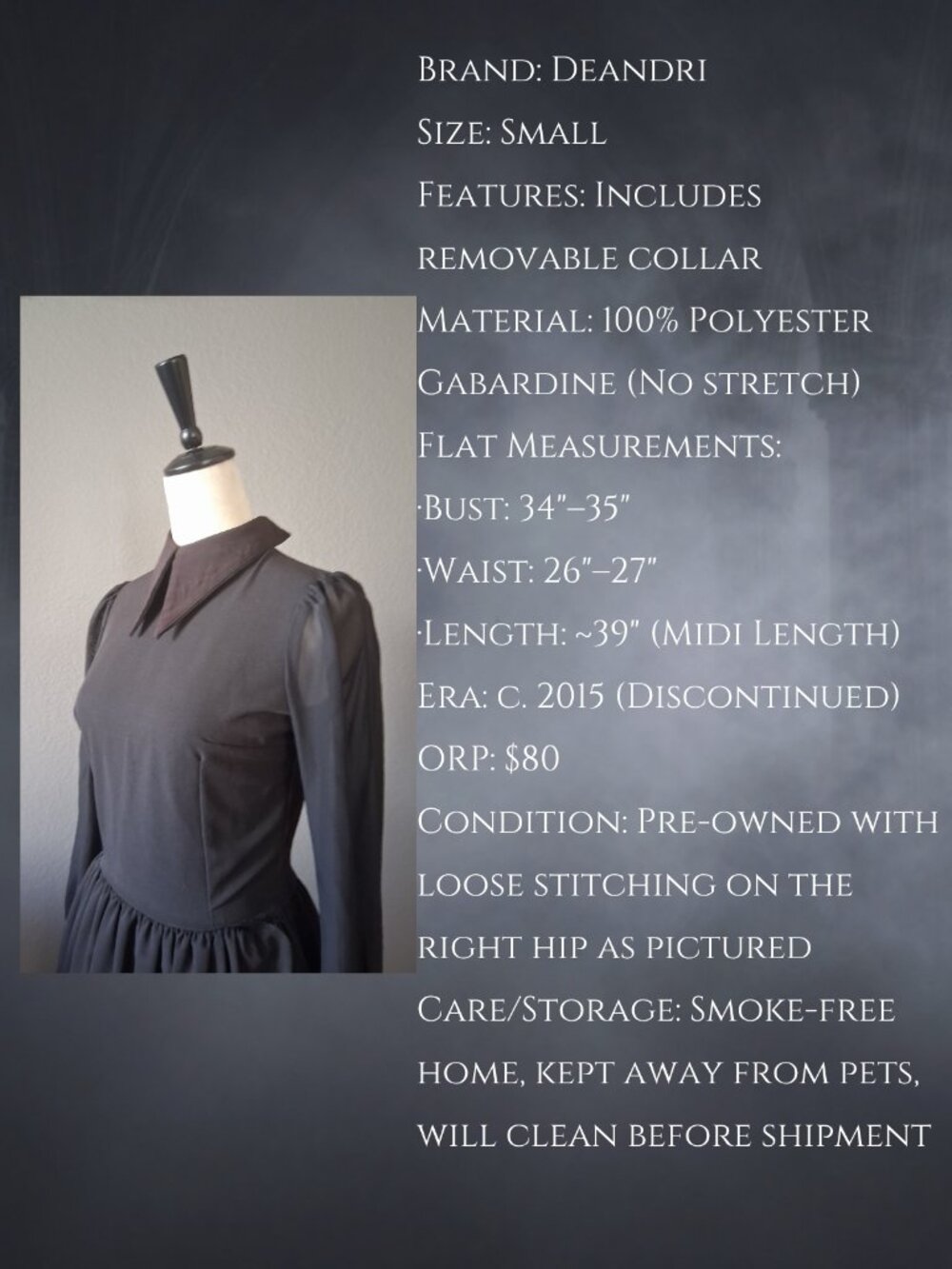 🪦 Deandri Discontinued Nosferatu Midi Dress w/ Removable Collar Size S 🪦